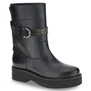 Salvatore Ferragamo Womens Leather Embellished Mid-Calf Boots